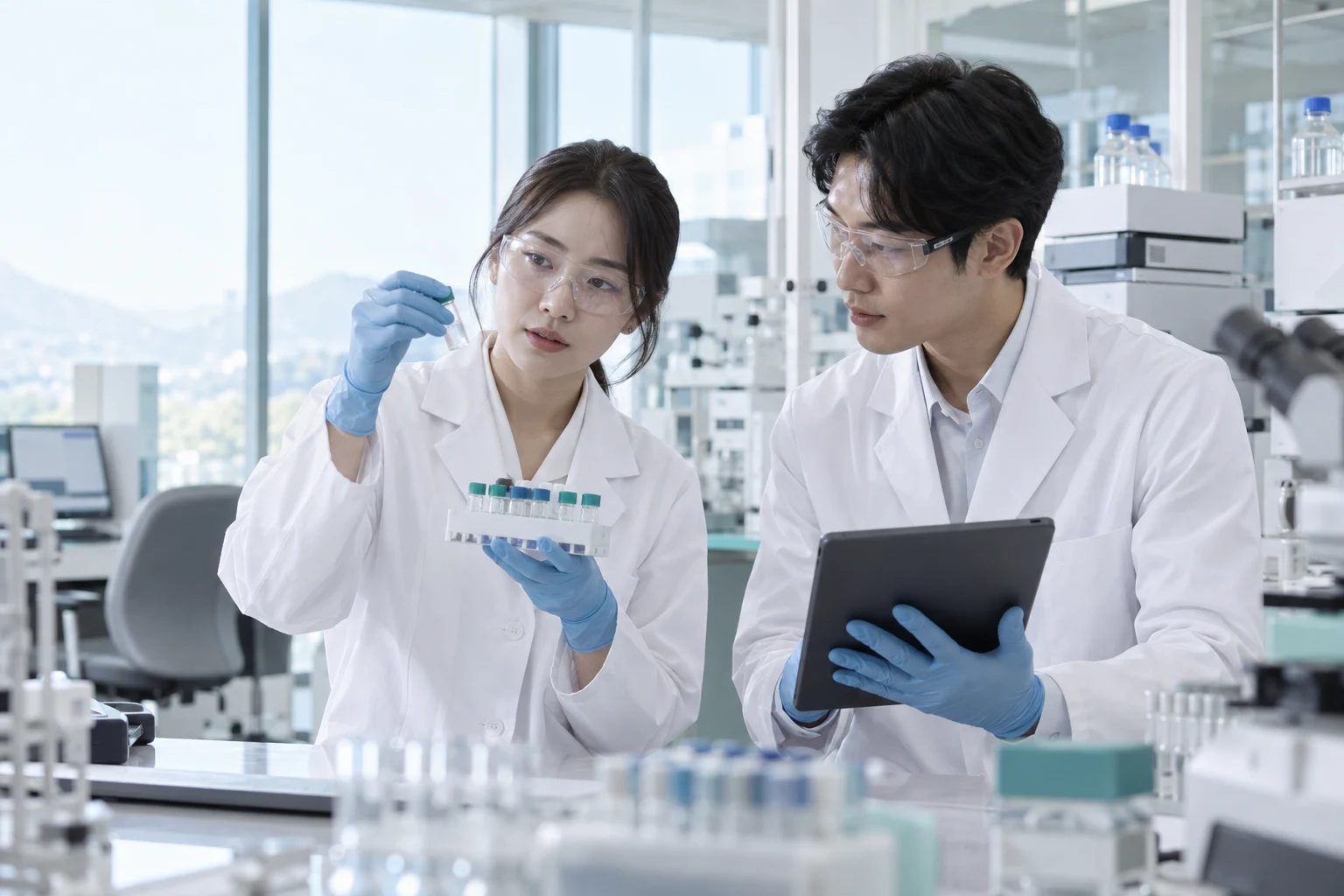 시료 정보에 관해 논의하는 연구자 콘셉트