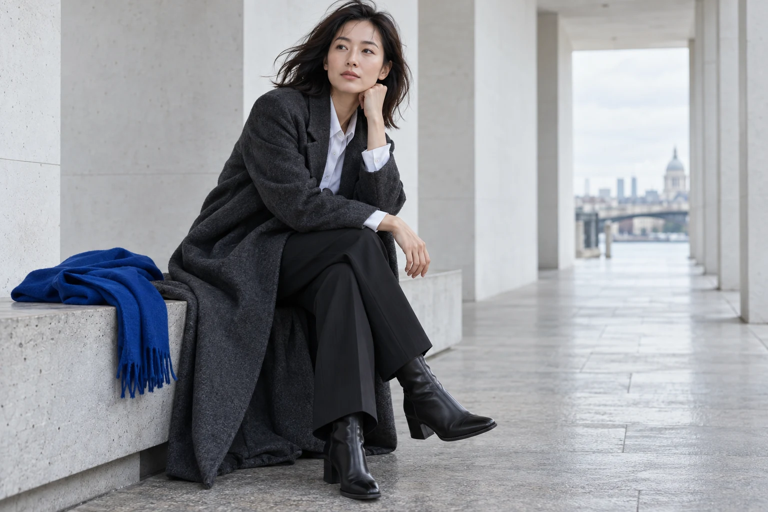차콜 코트와 코발트 스카프를 함께 스타일링한 성인 모델 화보