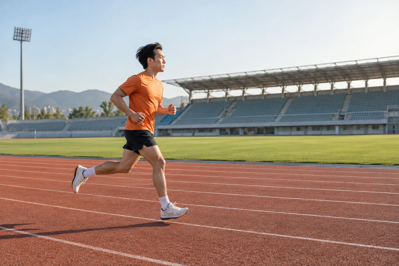 주황색 상의를 입은 러너가 붉은 트랙을 달리는 장면