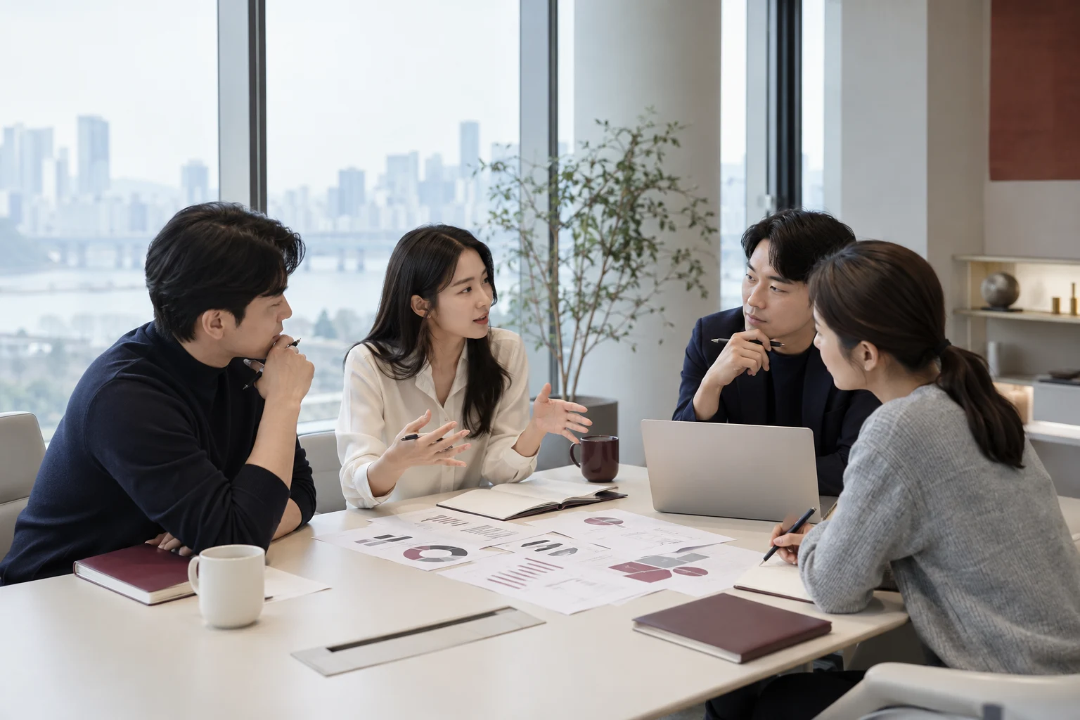 같은 테이블에서 사업 과제를 논의하는 기업 전문가 콘셉트